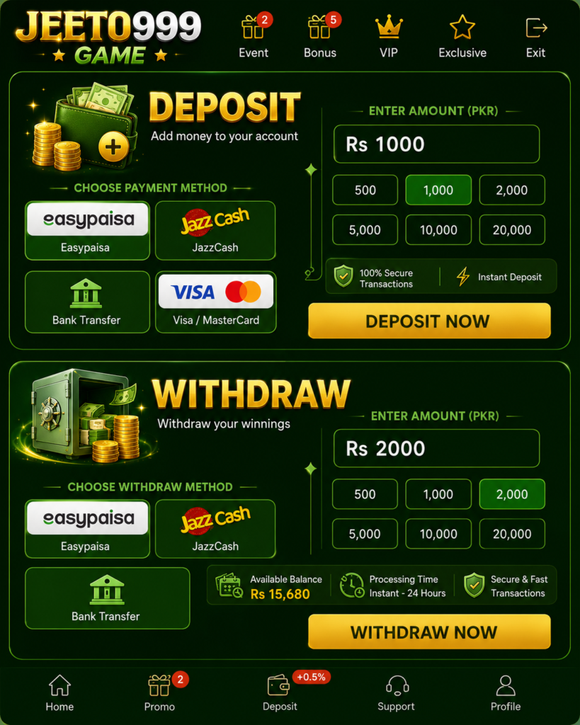 Jeeto999 Game deposit options and withdrawa