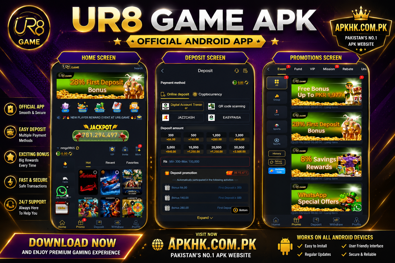 UR8 Game APK official Android app showing home screen, deposit options and promotions - APKHK.com.pk