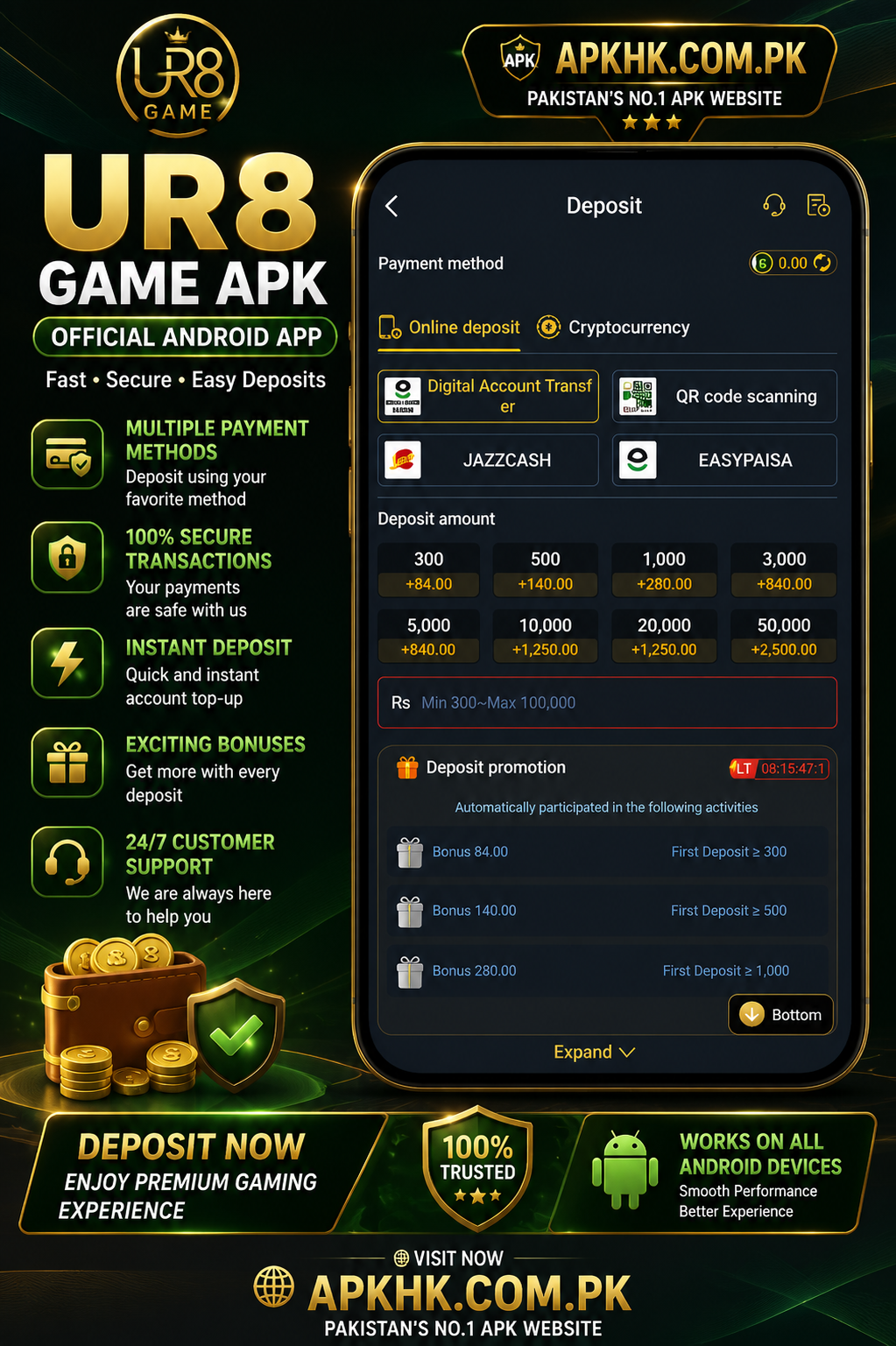 UR8 Game APK deposit page showing EasyPaisa, JazzCash, Digital Account Transfer, QR Code Scanning and Cryptocurrency payment methods - APKHK.com.pk