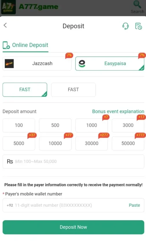 Deposit payment options A777