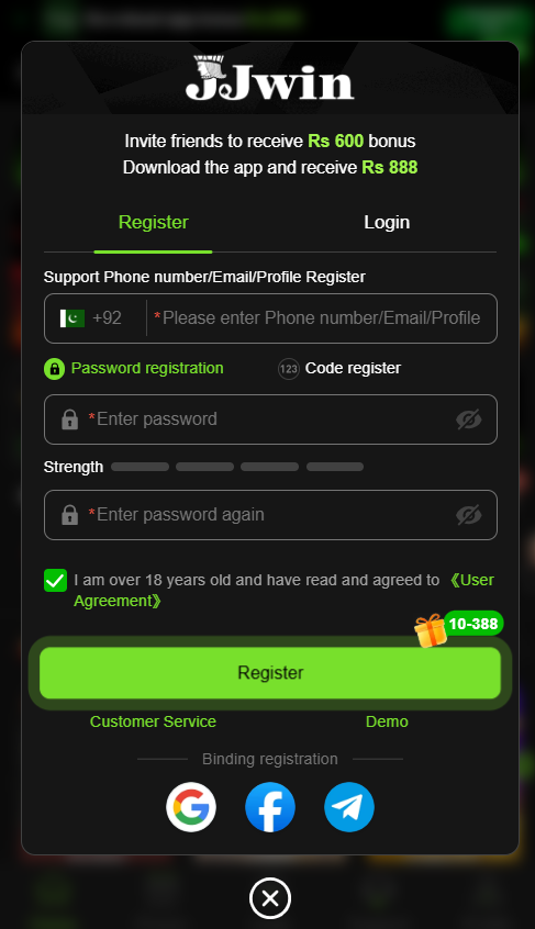 JJwin37 Game registration screen and login