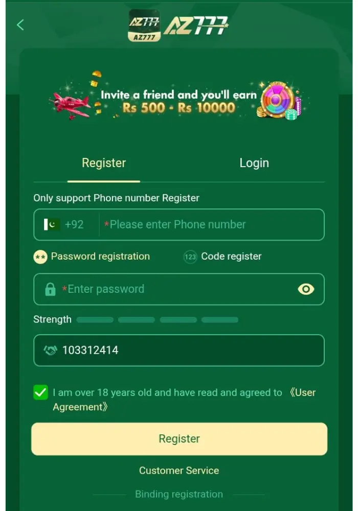 AZ777 Game registration screen and login