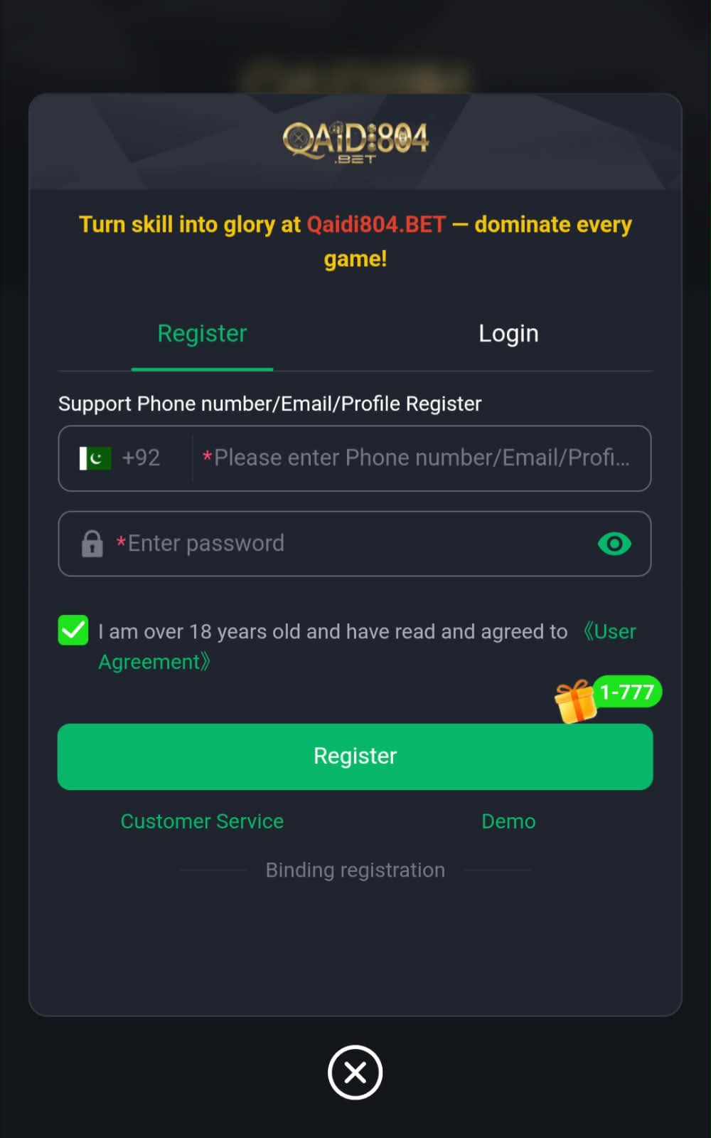 Qaidi804.Bet registration page and login