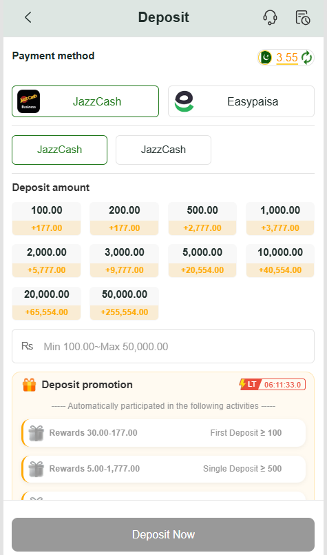 Deposit page with available payment methods