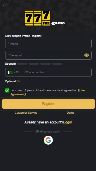 777PKR Game registration screen
