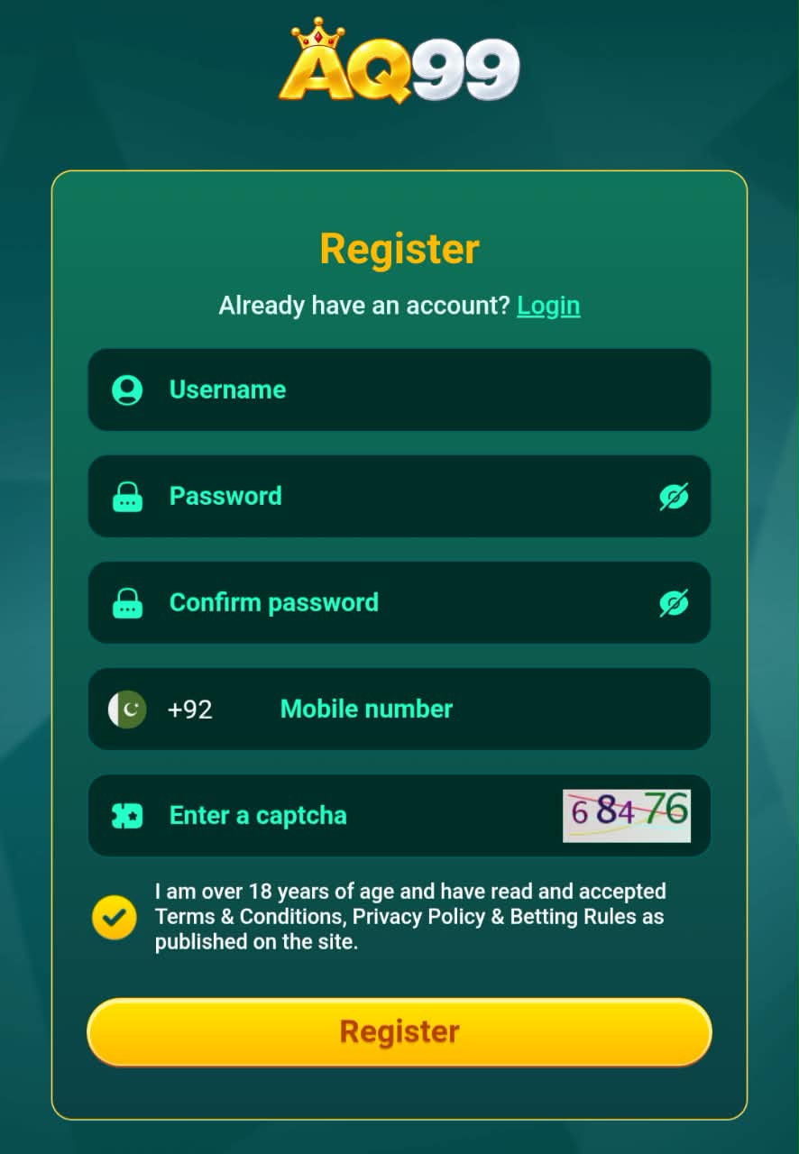 AQ99 Game registration screen and login
